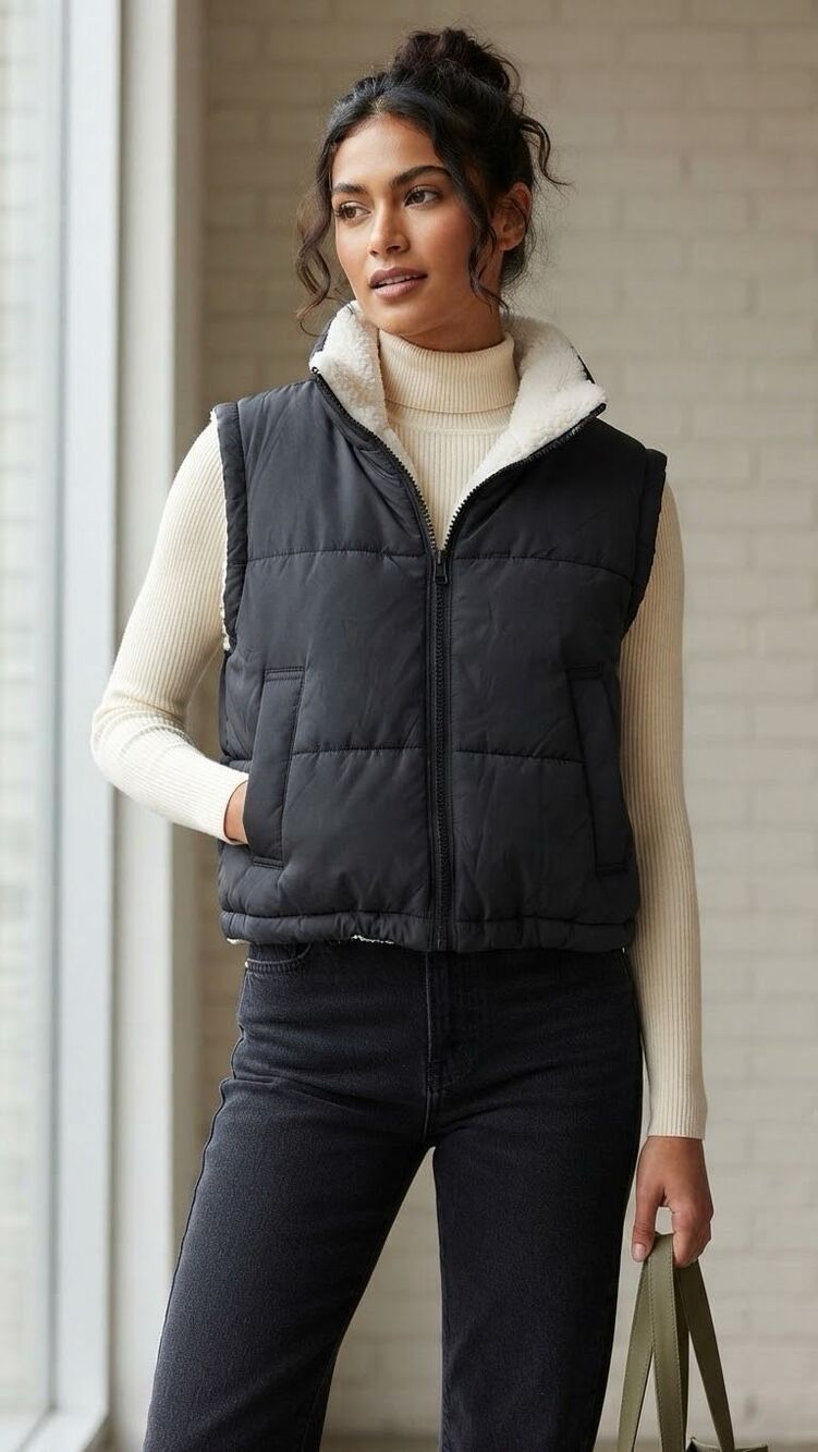 Altar'd State Reversible Black Puffer Vest Cropped Sherpa Fleece Lined XS